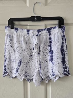 TopShop Shorts White Blue Tie Dye Eyelet High Rise Drawstring Elastic Waist Sz 6